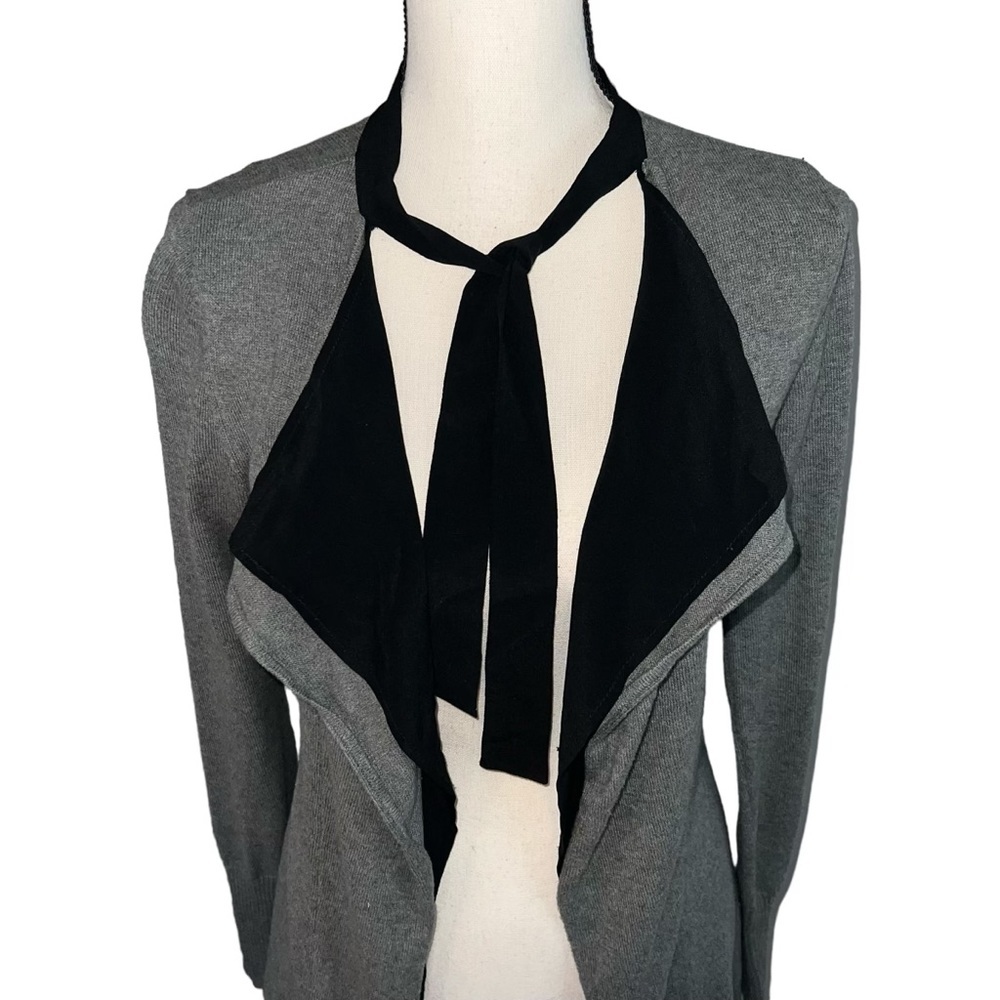 Left on Houston Silk Layered Office Attire Grey Black Cardigan Style Blouse